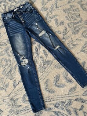 KanCan Dark Blue Distressed Skinny Jeans - Size: 25